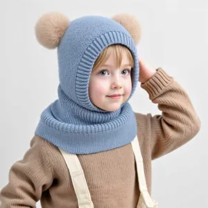 Children knitted hat with double pom poms, cute winter warm one piece cap scarf for kids.