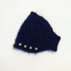 Women dark blue knitted winter headband rhinestone flower warm hair accessory chic style