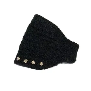Winter thick women knitted headband ear warmer black fuzzy hair band with rhinestone flowers