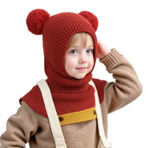 Children's knitted balaclava hat with double pom-poms, warm winter kids earflap cap scarf.