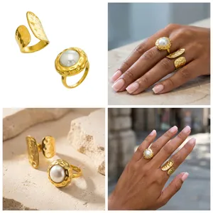 Gold plated stainless steel hammered texture pearl open ring set for women fashion jewelry.
