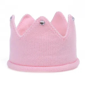 Cute pink knitted crown baby headband detail, soft wool infant hair accessory for daily wear.