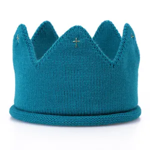 Kids knitted crown hat blue wool beanie baby cute headwear newborn photo props stylish warm