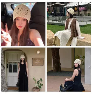Korean sweet handmade hollow floral knit hat, retro slouchy beanie for women spring autumn.