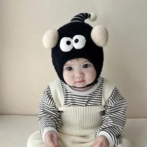 Cute baby winter warm plush hat with funny big eyes design, thick fleece earflap cap for infants.
