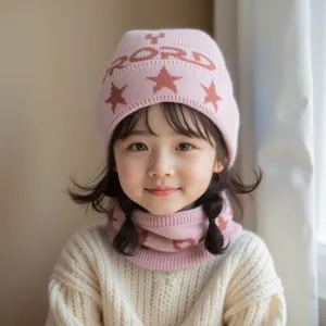 Conjunto de gorro y bufanda de punto rosa para niños invierno cálido gorrito adorable ropa