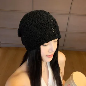 Handmade hollow knit hat for women, Korean style vintage slouchy beanie cap in black size 55-60cm.
