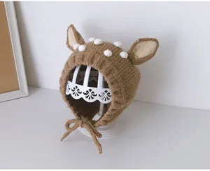 Suesse Baby Strickmuetze mit Reh Ohren Winter warm Kleinkind Ohrschutz Wollmuetze