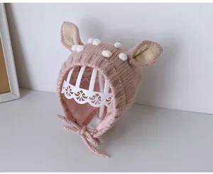 Süße Baby Winter Strickmütze mit Ohren und Pompons, warme Plüsch Ohrenklappen Mütze für Kinder.