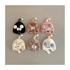 Cute fuzzy baby hat with funny eyes autumn winter warm plush earflap bonnet for infants