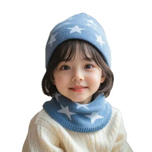 Niños invierno gorro de punto y bufanda conjunto azul patrón de estrella cálido sombrero lindo