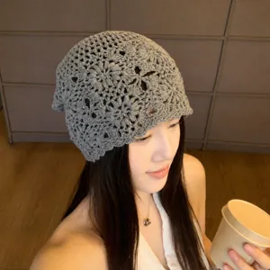 Korean style handmade crochet hollow knit hat, vintage floral slouchy beanie for women.