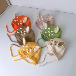 Süßes Reh Design Baby Strickmütze Winter Warm Pullunder Mütze Kinder Ohrenschutz Wollmütze mit 3D Ohren Pompon