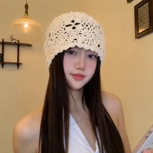 Women Casual Hollow Out Floral Knit Beanie Hat Vintage Slouchy Warm Spring Autumn Soft Knitted Daily Cap