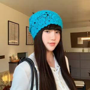 Blue crochet slouchy knit hat for women, Korean style hollow floral beanie for spring autumn.