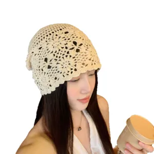 Korean style handmade crochet hollow knit hat for women, vintage slouchy floral beanie.