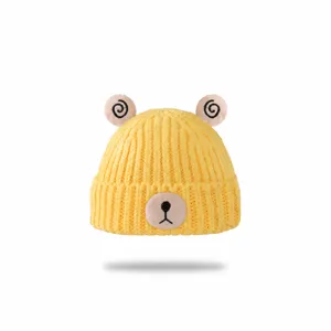 Baby warm knitted hat cute cartoon bear winter thick windproof beanie yellow stylish