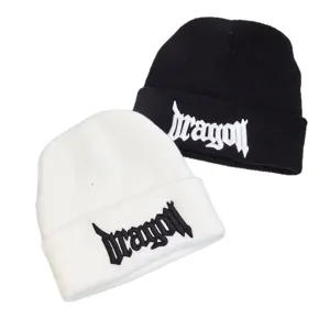 Bonnet en tricot unisexe hiver chaud laine chapeau brodé dragon gothique noir blanc 2pcs