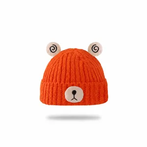 Cute baby winter warm knit hat with adorable cartoon bear ears, thick and windproof style.