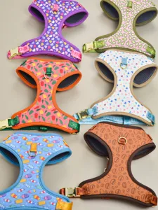 Cute colorful summer pet harness and leash set featuring breathable mesh designs.