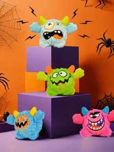 Halloween monster plush pet toy detail, multi-color cute stuffed animal display scene.