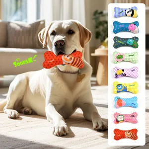 Dog squeaky bone plush chew toy with cute cartoon animal prints, interactive pet teething toy.
