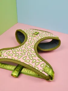 Cute avocado print dog harness and leash set, comfortable breathable mesh vest for pets.