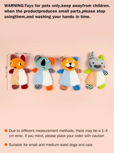Detail view of cute plush pet toys featuring four different animal designs with colorful patterns.