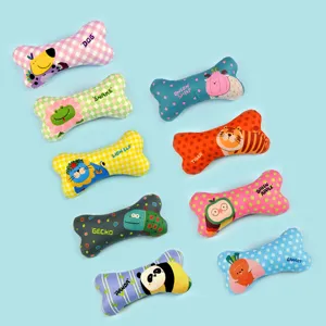 Cute cartoon animal bone dog chew toys set, soft plush squeaky pet molar bite toy.