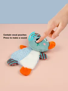 Close up detail view of interactive plush pet toy with squeaker inside for cats dogs.