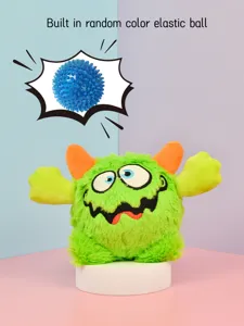 Funny green plush pet dog toy with orange horns and built-in elastic ball detail view.