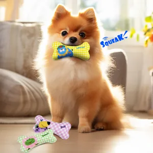 Cute plush dog chew toy bone shaped squeaky interactive puppy teething toy colorful design