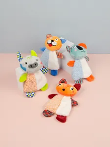 Detailed view of cute animal plush pet toys with crinkle paper for interactive cat and dog play.