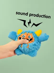 Funny squeaky plush monster dog toy in blue and orange, designed for interactive pet play.
