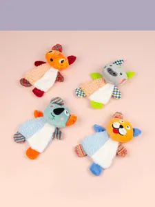 Detailed view of four cute interactive pet plush crinkle toys for cats and small dogs.