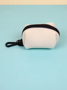 Mini portable neoprene dog poop bag holder detail view with black zipper and carabiner.