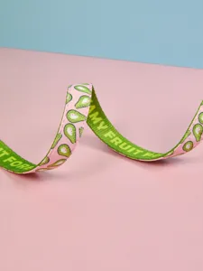 Close-up detail of cute avocado print pet leash webbing, premium fabric, durable design.