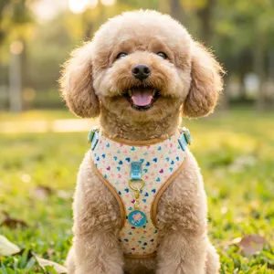 Cute pet harness with heart print and metal pendant, perfect for outdoor walks and daily training.