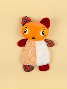 Close-up detail view of cute mixed texture plush fox pet toy, soft fabric design.