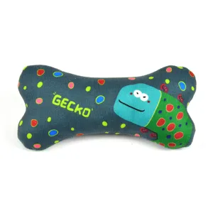 Dog cartoon bone-shaped chew toy with colorful dot pattern and cute gecko print for pets.