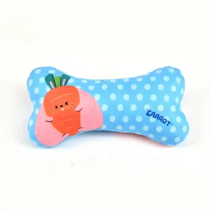 Cute bone-shaped dog chew toy with blue polka dots and fun carrot pattern for daily pet play.
