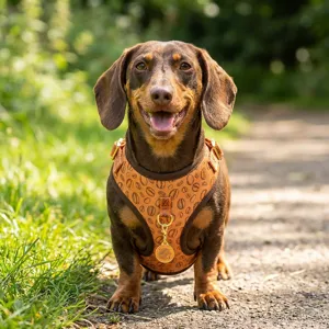 Cute coffee bean pattern pet harness with pendant, outdoor view detail shot for dog.