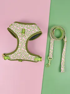 Cute avocado print pink dog harness and leash set featuring durable gold hardware