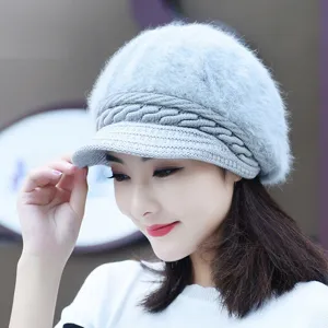 Women Winter Warm Knitted Rabbit Hair Visor Hat Fleece Lined Thickened Beanie Hat Casual Outdoor Cold Weather Hat
