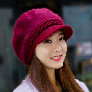 Women winter plush knitted visor hat, thick warm faux rabbit fur beret cap for cold weather.
