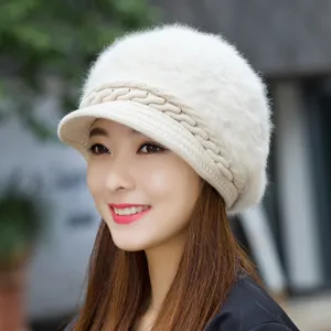 Women's winter warm fur duckbill hat, thick knitted rabbit hair beanie cap for cold weather.