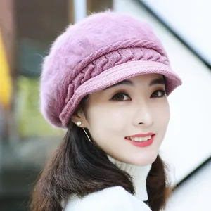 Thickened plush rabbit hair knitted duckbill hat for women, warm winter fashion beret.