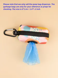 Close-up detail of the portable printed pet poop bag dispenser with zipper and carabiner.