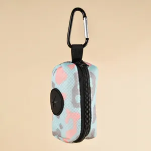 Portable dog poop bag dispenser with colorful camo print, durable zipper and metal carabiner.