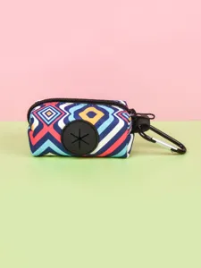 Portable dog waste bag dispenser with geometric print and metal carabiner hook for pets.